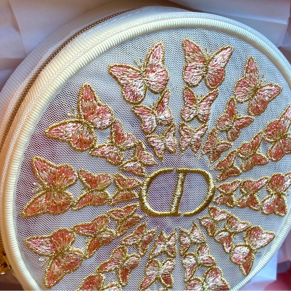 Dior Embroidered Butterfly Round Cosmetic Case in Pink and Gold - Picture 5 of 10